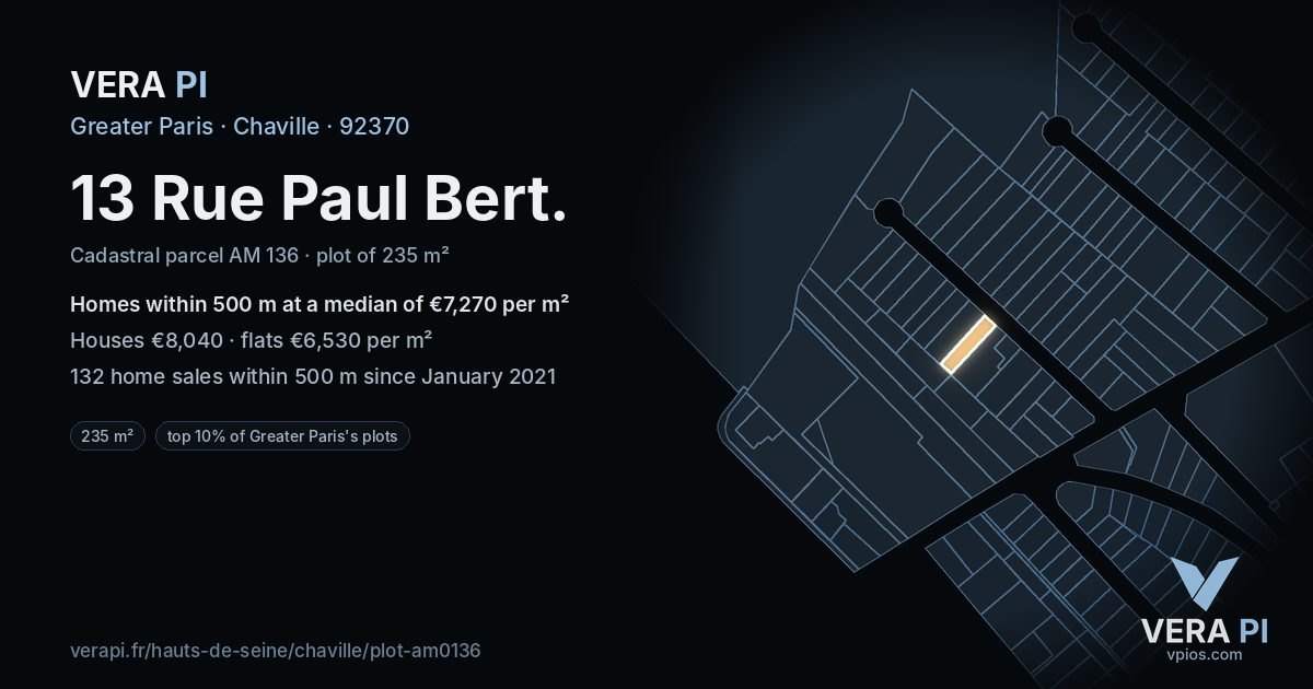 13 Rue Paul Bert, Chaville at night – the plot lit, the parcels around coloured by the prices near them