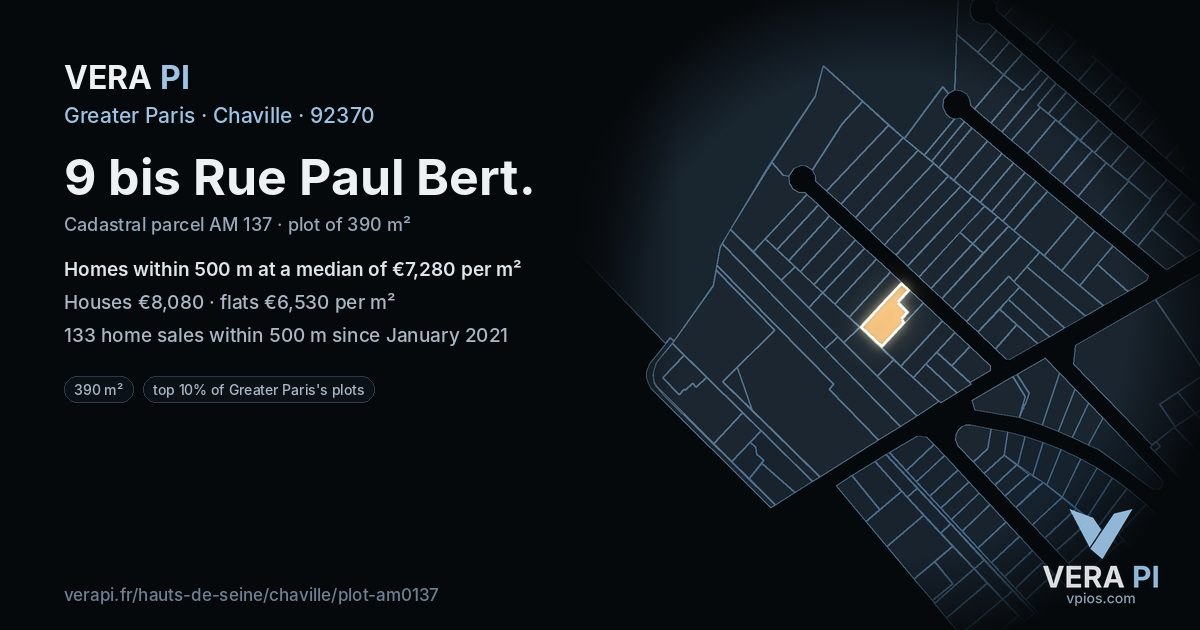 9 bis Rue Paul Bert, Chaville at night – the plot lit, the parcels around coloured by the prices near them