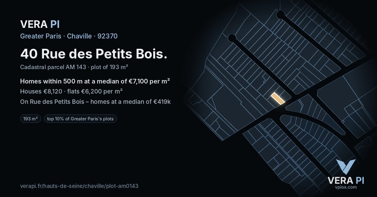 40 Rue des Petits Bois, Chaville at night – the plot lit, the parcels around coloured by the prices near them