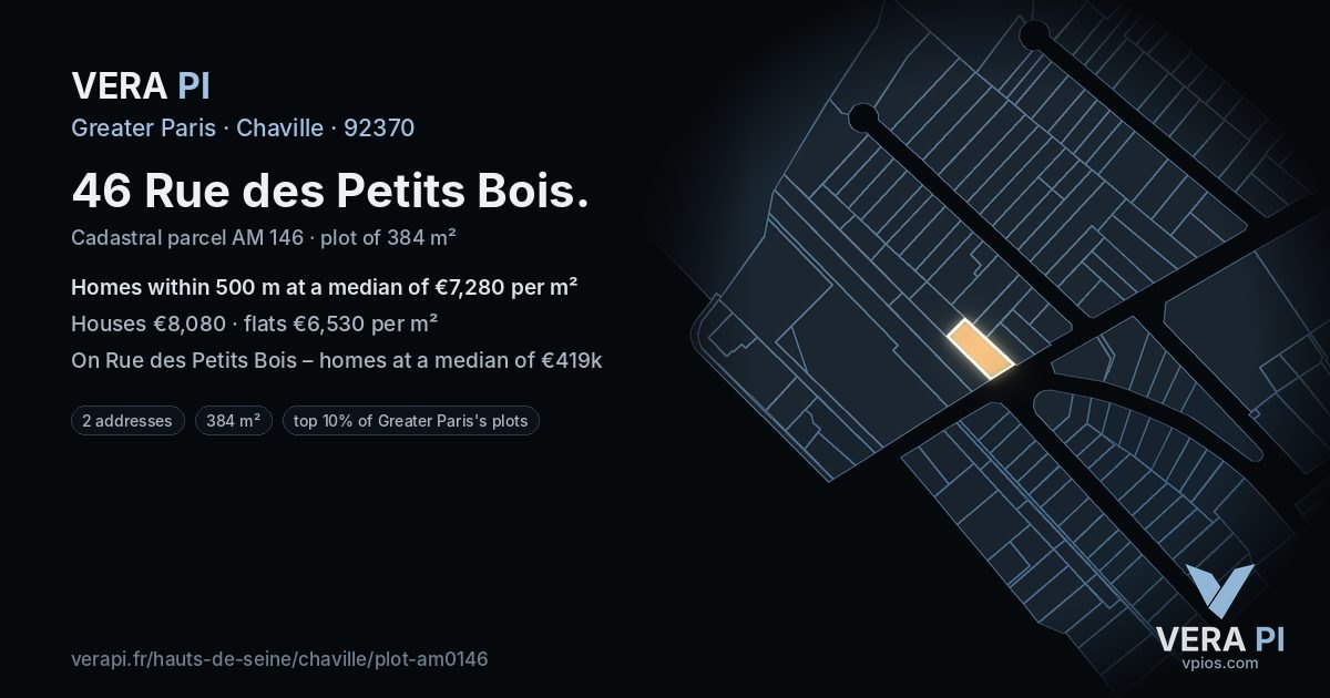 46 Rue des Petits Bois, Chaville at night – the plot lit, the parcels around coloured by the prices near them