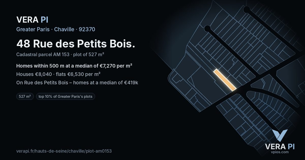 48 Rue des Petits Bois, Chaville at night – the plot lit, the parcels around coloured by the prices near them