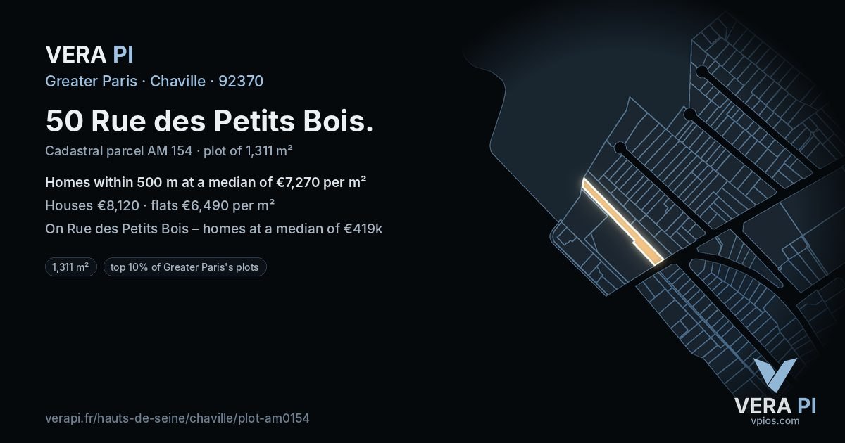 50 Rue des Petits Bois, Chaville at night – the plot lit, the parcels around coloured by the prices near them