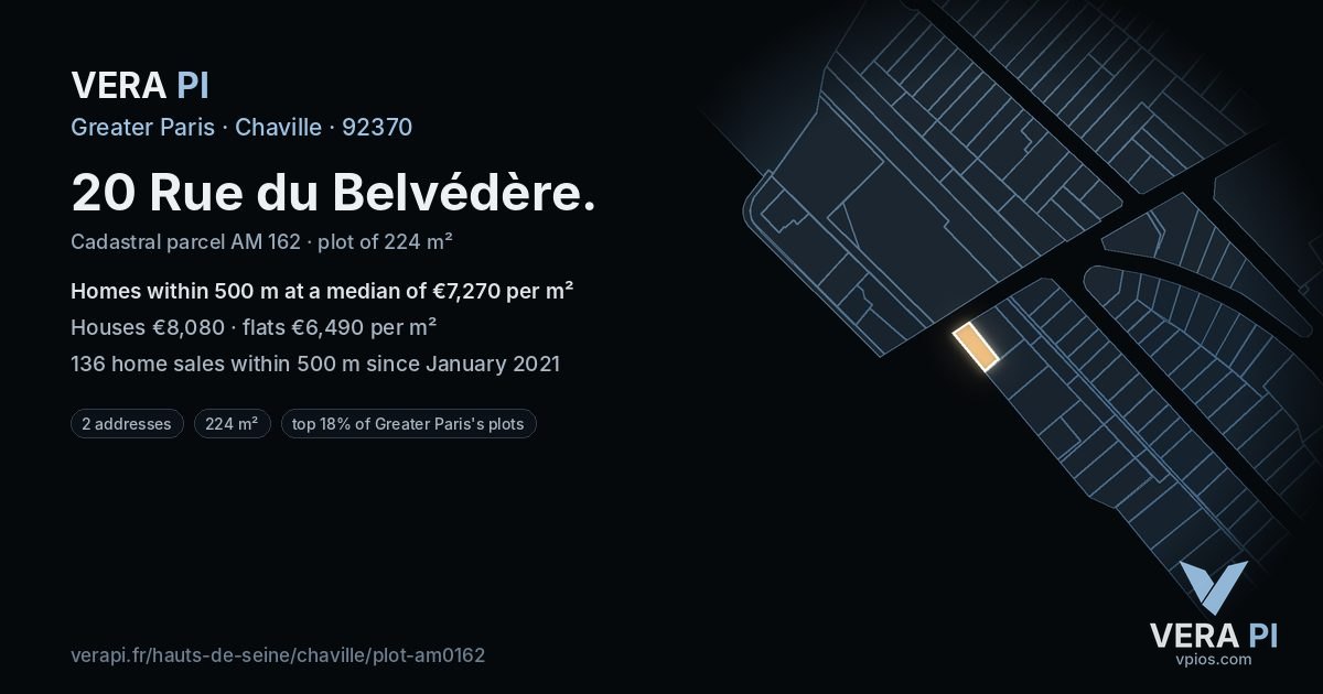 20 Rue du Belvédère, Chaville at night – the plot lit, the parcels around coloured by the prices near them