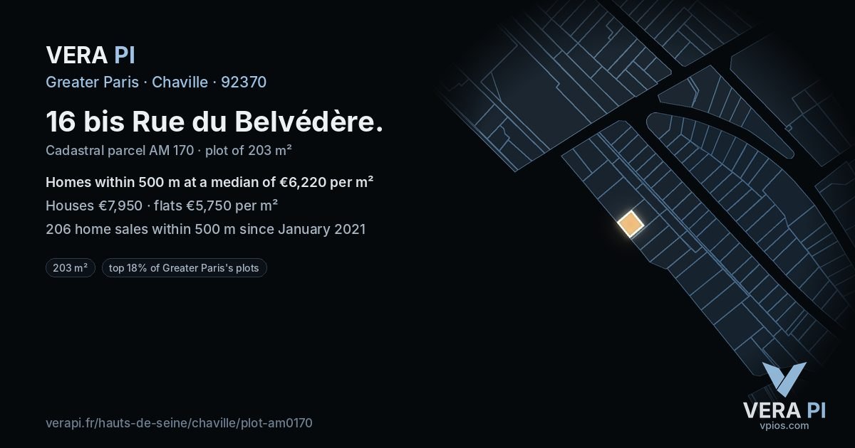 16 bis Rue du Belvédère, Chaville at night – the plot lit, the parcels around coloured by the prices near them