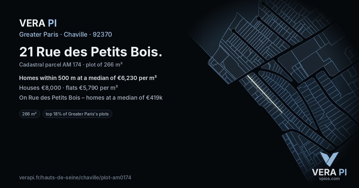 21 Rue des Petits Bois, Chaville at night – the plot lit, the parcels around coloured by the prices near them
