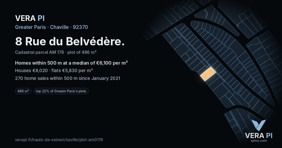 8 Rue du Belvédère, Chaville at night – the plot lit, the parcels around coloured by the prices near them