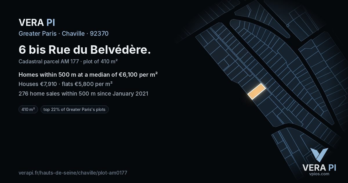 6 bis Rue du Belvédère, Chaville at night – the plot lit, the parcels around coloured by the prices near them