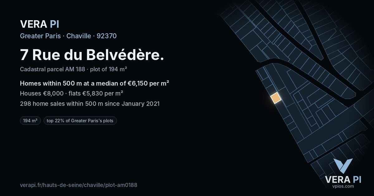 7 Rue du Belvédère, Chaville at night – the plot lit, the parcels around coloured by the prices near them