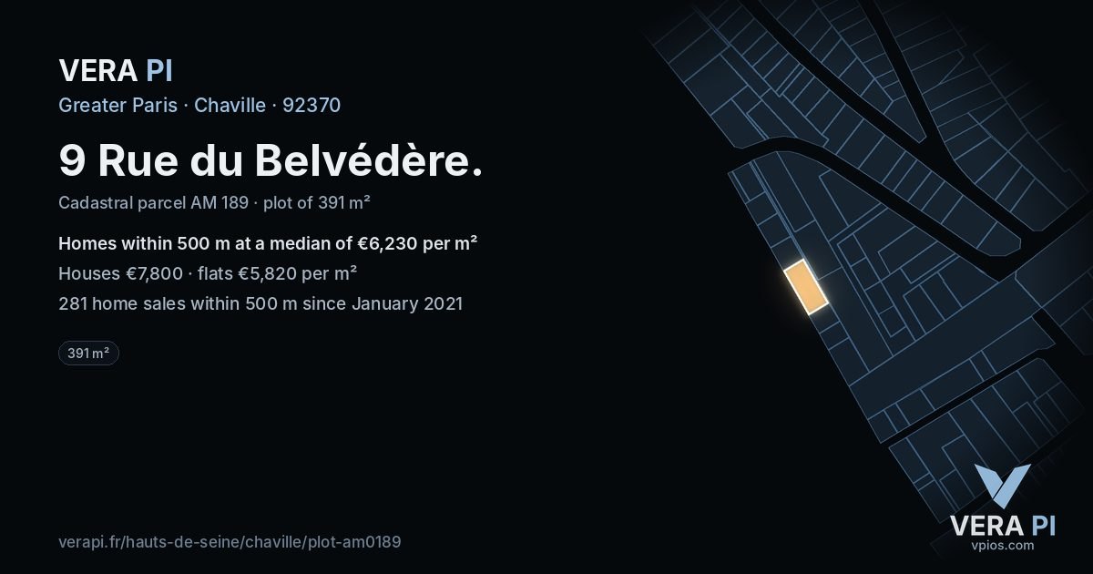 9 Rue du Belvédère, Chaville at night – the plot lit, the parcels around coloured by the prices near them