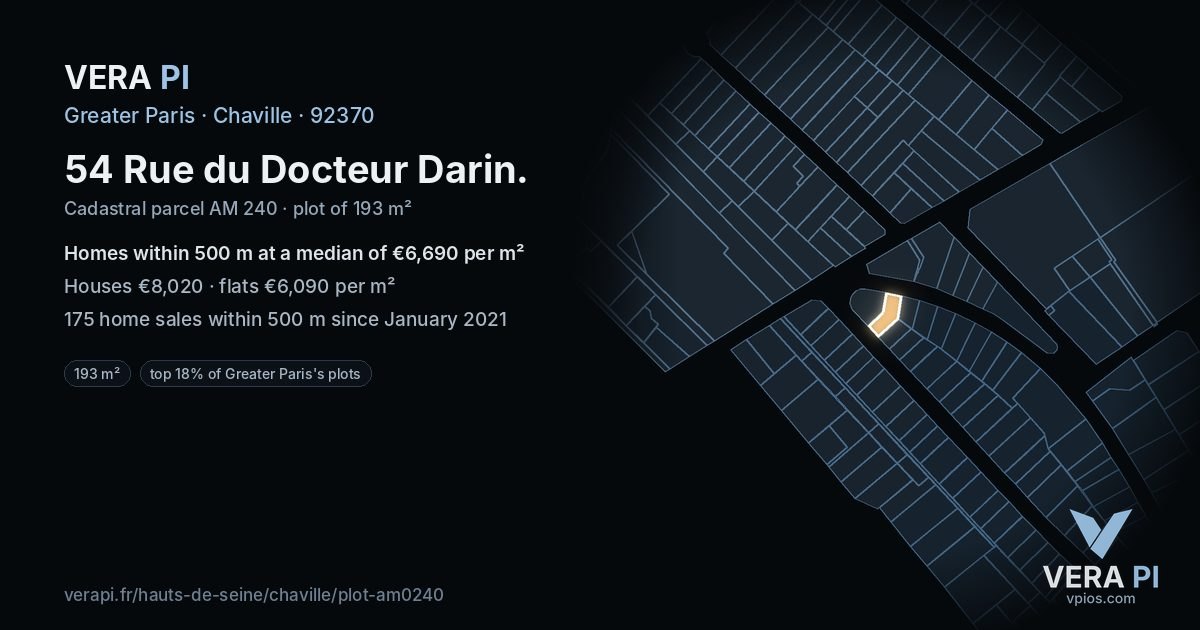 54 Rue du Docteur Darin, Chaville at night – the plot lit, the parcels around coloured by the prices near them