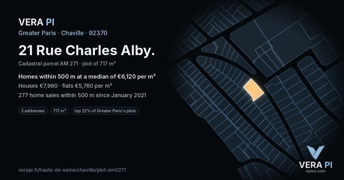 21 Rue Charles Alby, Chaville at night – the plot lit, the parcels around coloured by the prices near them