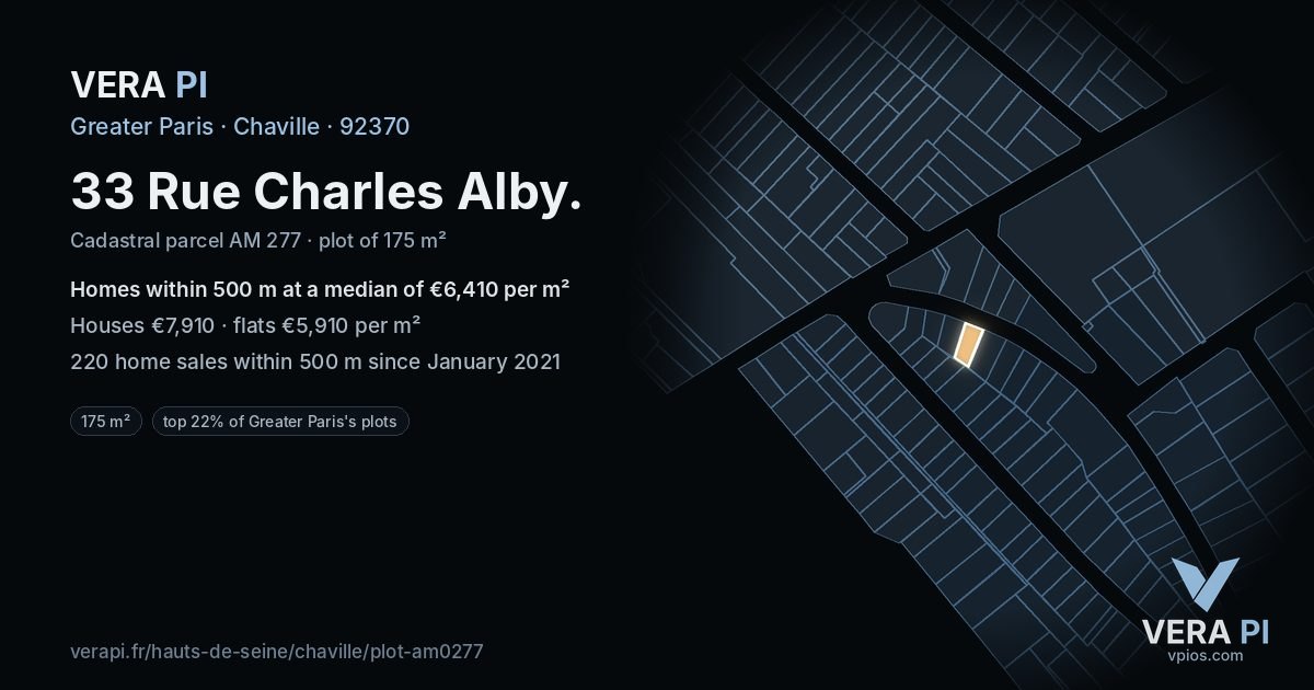 33 Rue Charles Alby, Chaville at night – the plot lit, the parcels around coloured by the prices near them