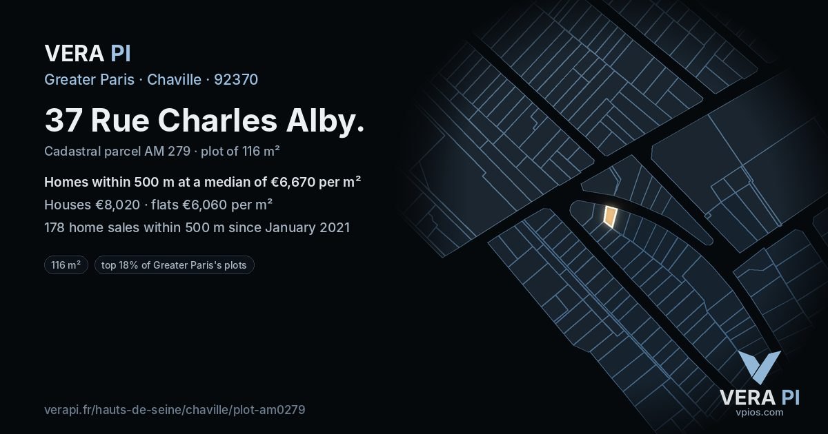 37 Rue Charles Alby, Chaville at night – the plot lit, the parcels around coloured by the prices near them