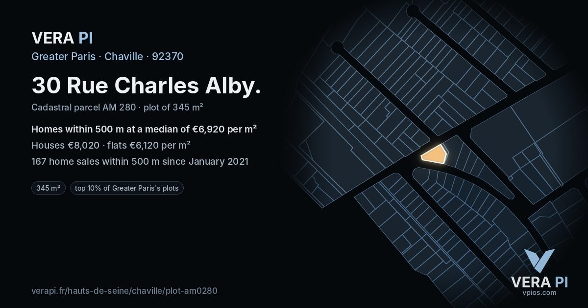 30 Rue Charles Alby, Chaville at night – the plot lit, the parcels around coloured by the prices near them