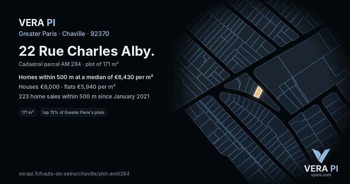 22 Rue Charles Alby, Chaville at night – the plot lit, the parcels around coloured by the prices near them