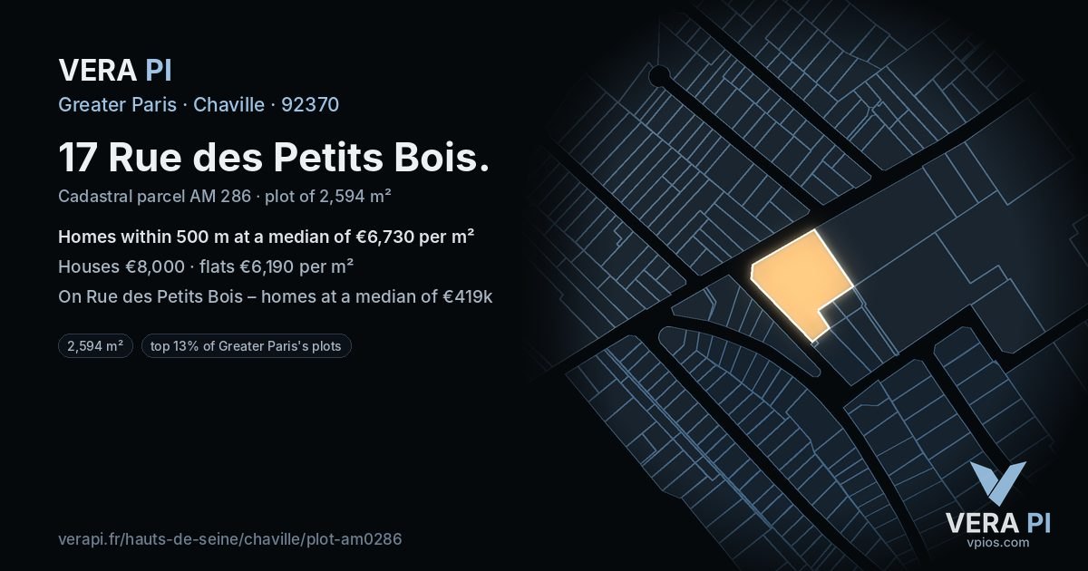 17 Rue des Petits Bois, Chaville at night – the plot lit, the parcels around coloured by the prices near them