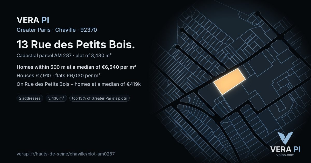 13 Rue des Petits Bois, Chaville at night – the plot lit, the parcels around coloured by the prices near them