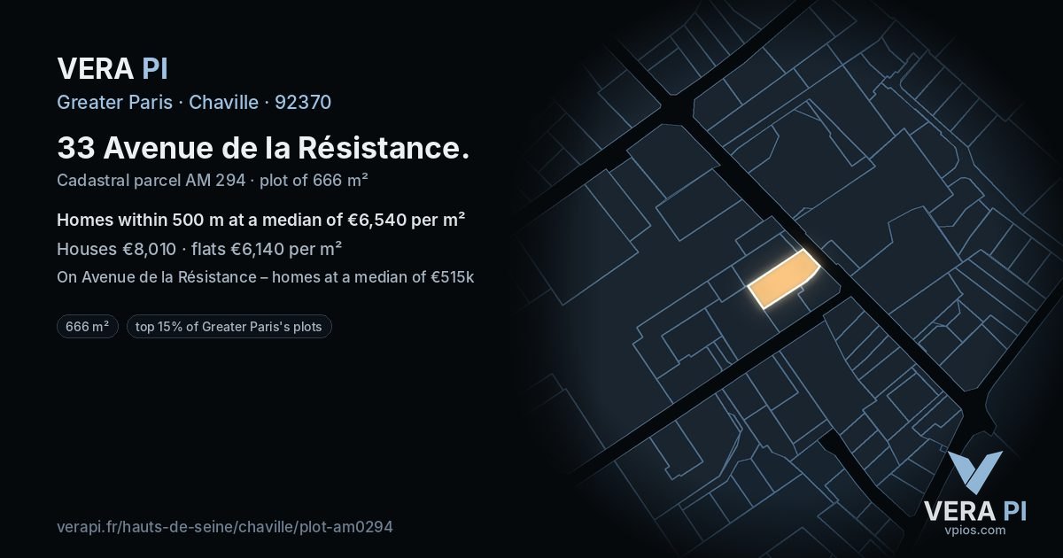 33 Avenue de la Résistance, Chaville at night – the plot lit, the parcels around coloured by the prices near them