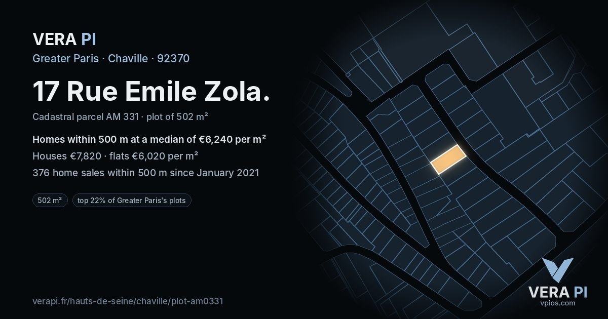 17 Rue Emile Zola, Chaville at night – the plot lit, the parcels around coloured by the prices near them