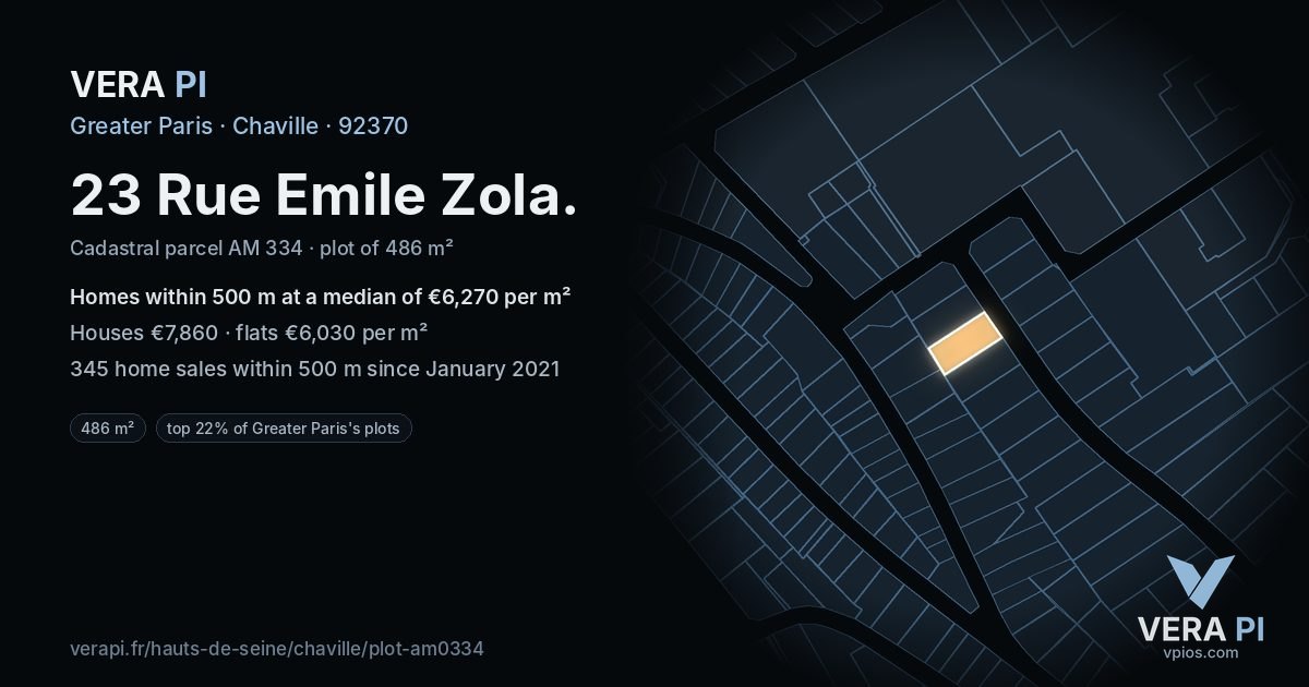 23 Rue Emile Zola, Chaville at night – the plot lit, the parcels around coloured by the prices near them