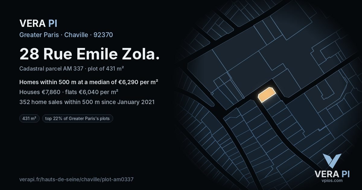 28 Rue Emile Zola, Chaville at night – the plot lit, the parcels around coloured by the prices near them