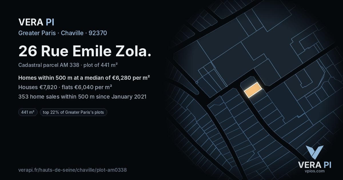 26 Rue Emile Zola, Chaville at night – the plot lit, the parcels around coloured by the prices near them