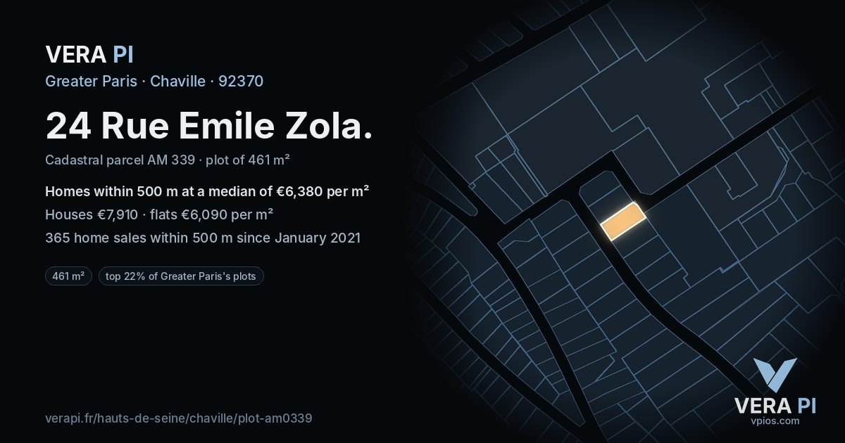 24 Rue Emile Zola, Chaville at night – the plot lit, the parcels around coloured by the prices near them