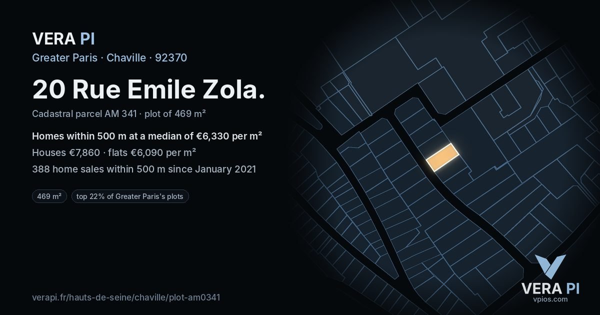 20 Rue Emile Zola, Chaville at night – the plot lit, the parcels around coloured by the prices near them