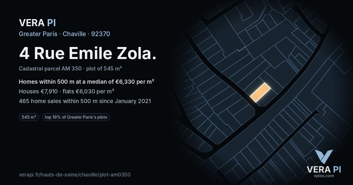 4 Rue Emile Zola, Chaville at night – the plot lit, the parcels around coloured by the prices near them