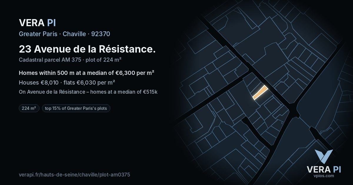 23 Avenue de la Résistance, Chaville at night – the plot lit, the parcels around coloured by the prices near them