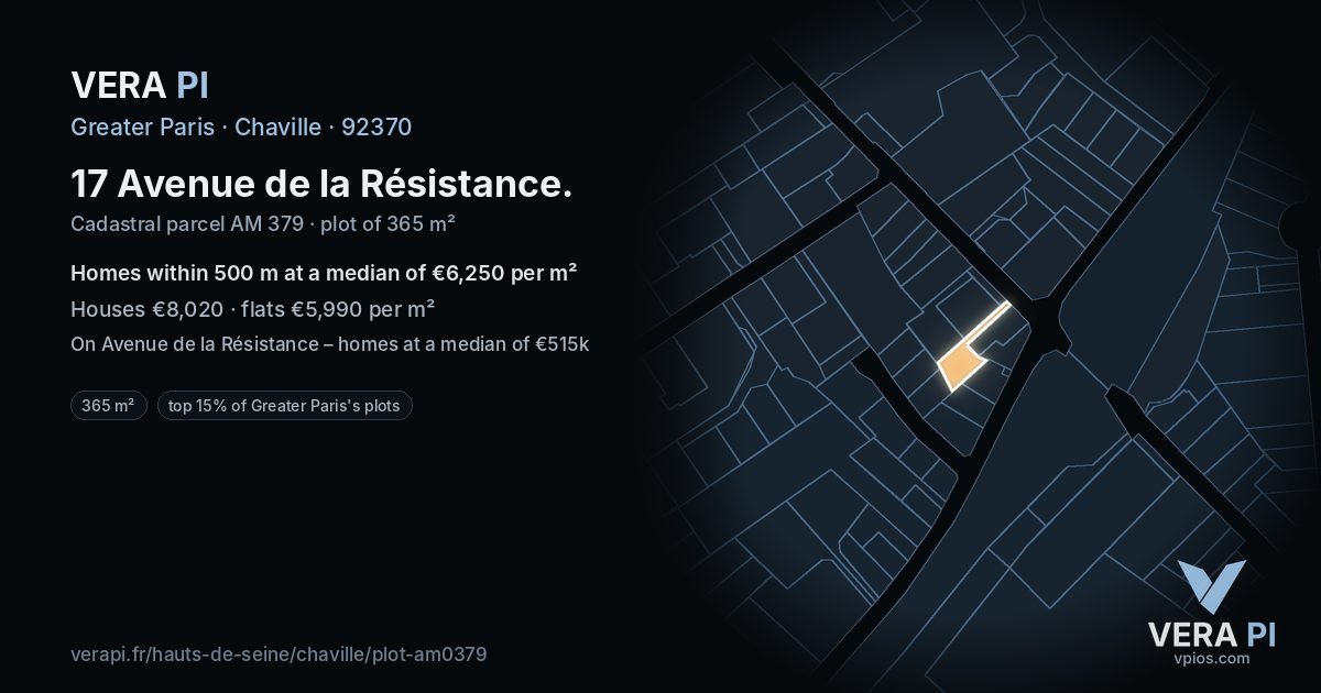 17 Avenue de la Résistance, Chaville at night – the plot lit, the parcels around coloured by the prices near them