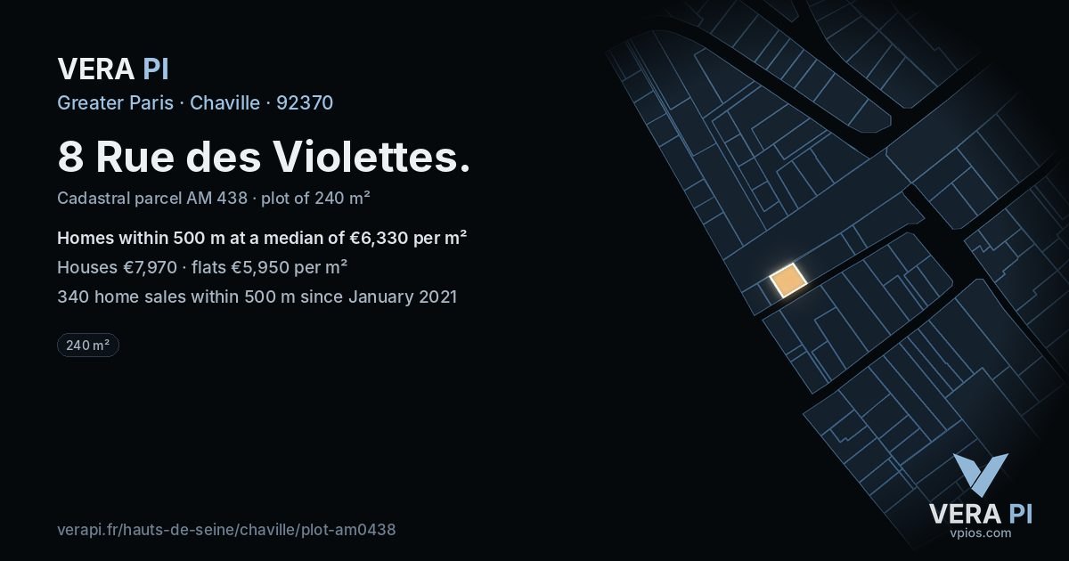 8 Rue des Violettes, Chaville at night – the plot lit, the parcels around coloured by the prices near them