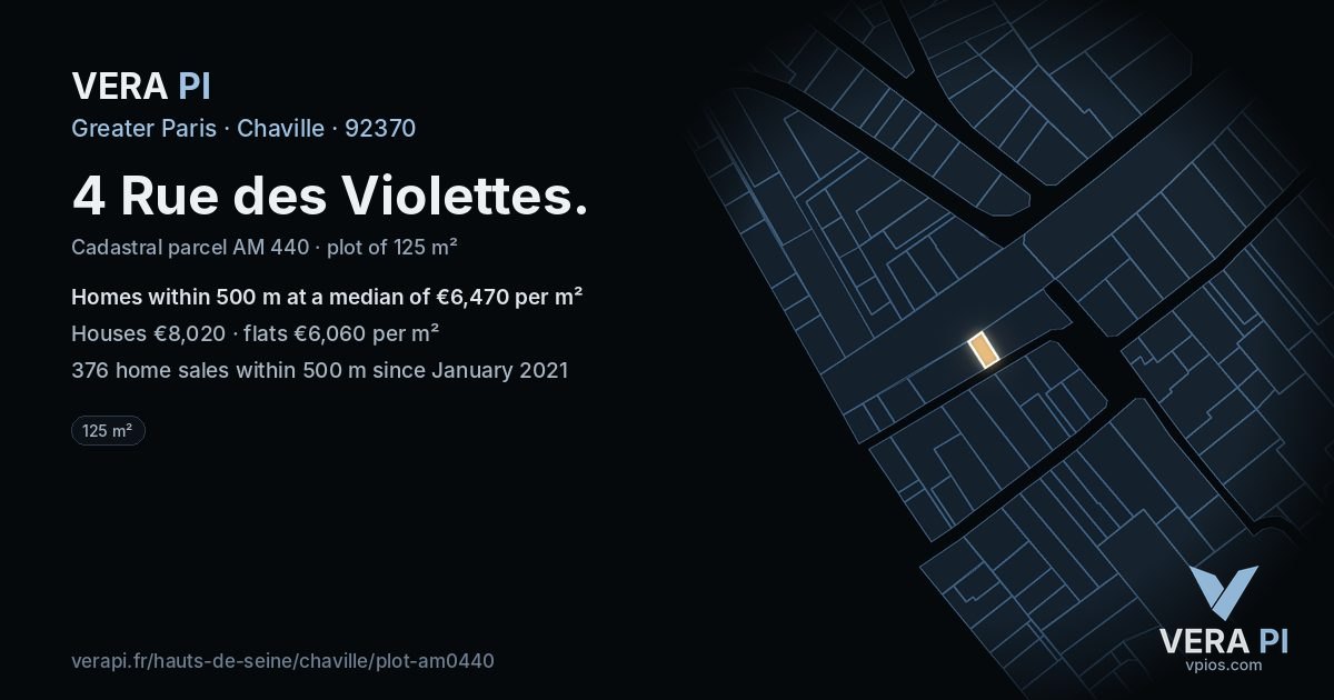 4 Rue des Violettes, Chaville at night – the plot lit, the parcels around coloured by the prices near them