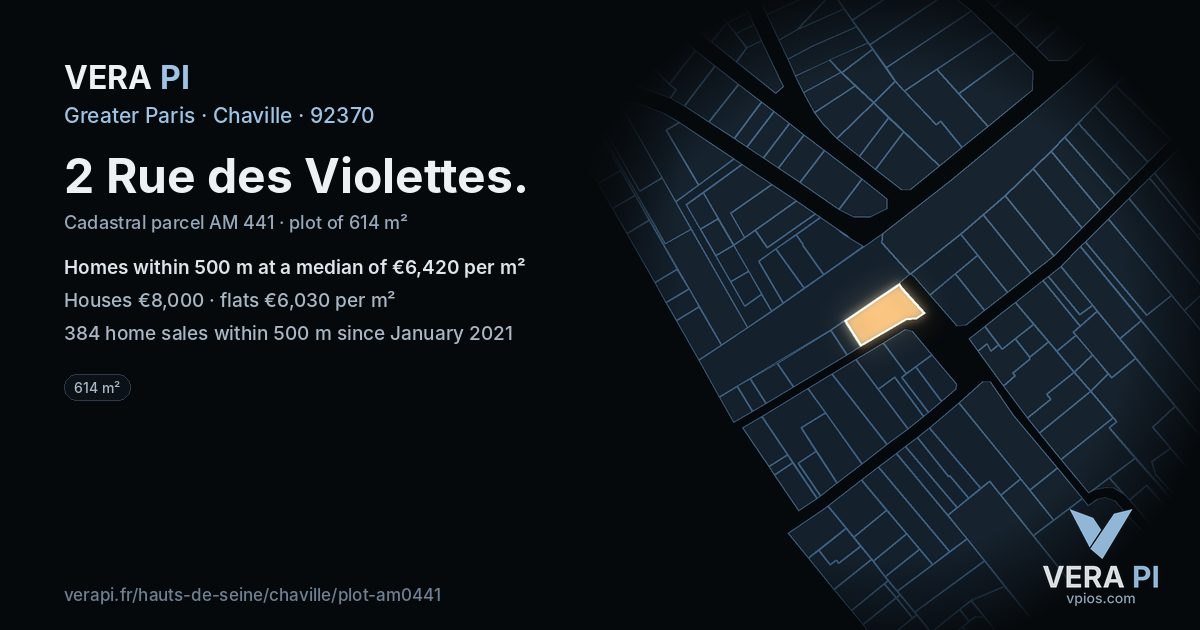 2 Rue des Violettes, Chaville at night – the plot lit, the parcels around coloured by the prices near them