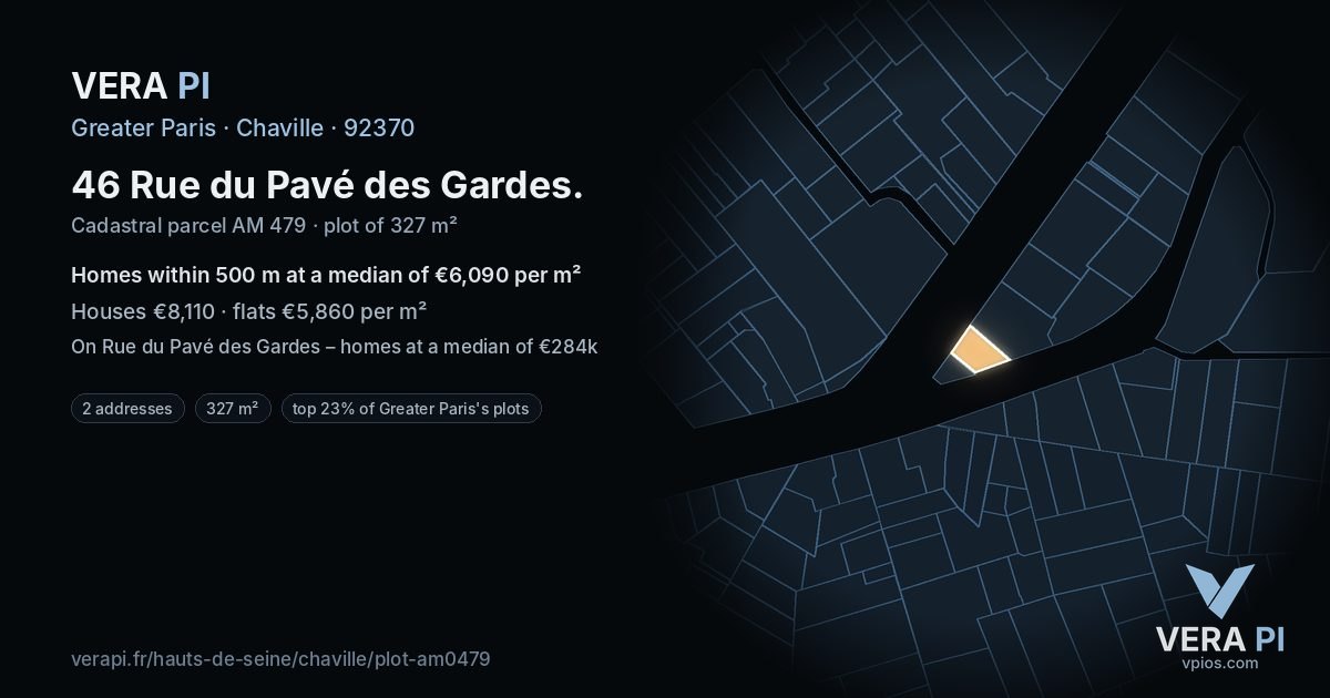 46 Rue du Pavé des Gardes, Chaville at night – the plot lit, the parcels around coloured by the prices near them