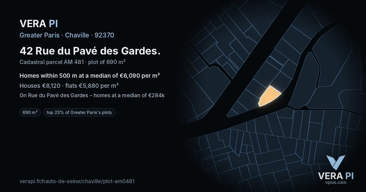 42 Rue du Pavé des Gardes, Chaville at night – the plot lit, the parcels around coloured by the prices near them
