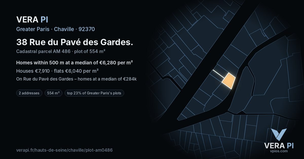 38 Rue du Pavé des Gardes, Chaville at night – the plot lit, the parcels around coloured by the prices near them