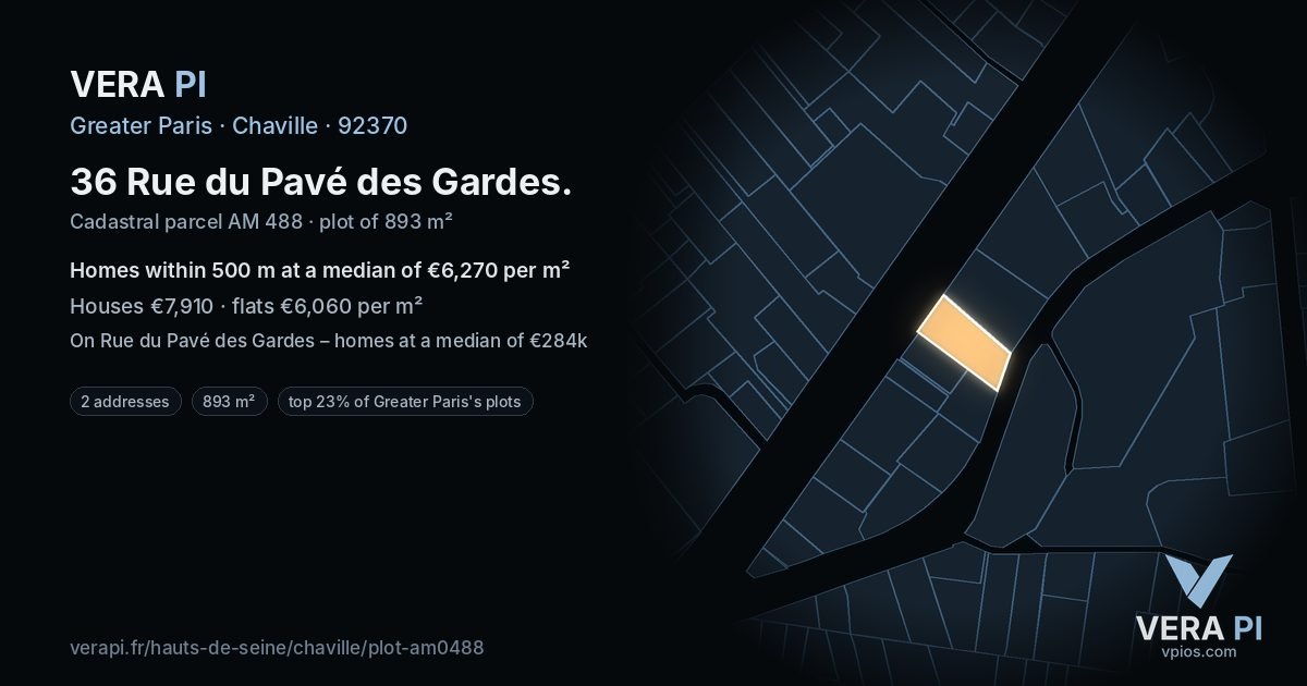 36 Rue du Pavé des Gardes, Chaville at night – the plot lit, the parcels around coloured by the prices near them