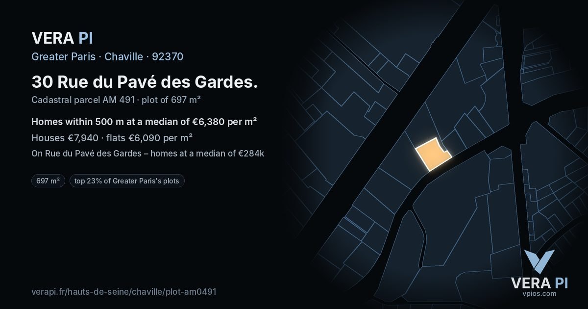 30 Rue du Pavé des Gardes, Chaville at night – the plot lit, the parcels around coloured by the prices near them