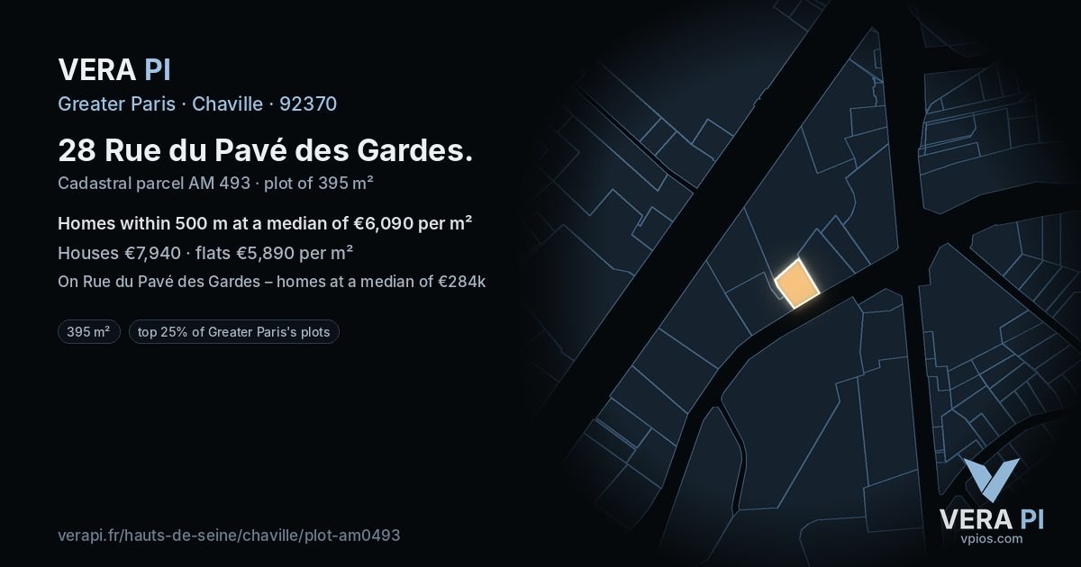 28 Rue du Pavé des Gardes, Chaville at night – the plot lit, the parcels around coloured by the prices near them