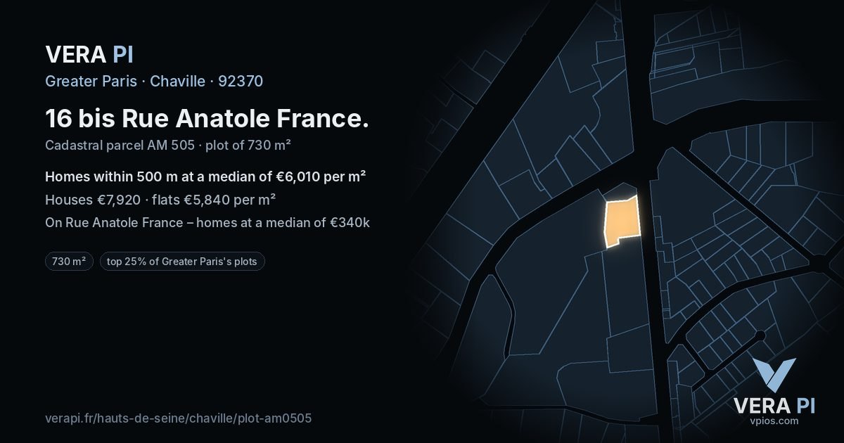 16 bis Rue Anatole France, Chaville at night – the plot lit, the parcels around coloured by the prices near them
