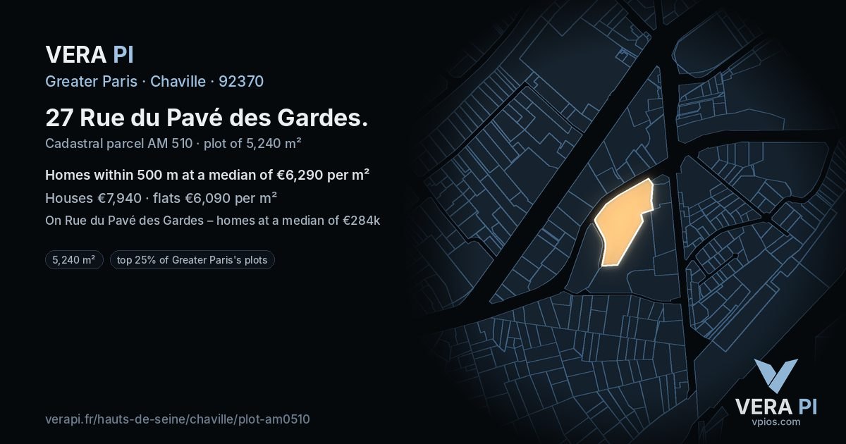 27 Rue du Pavé des Gardes, Chaville at night – the plot lit, the parcels around coloured by the prices near them
