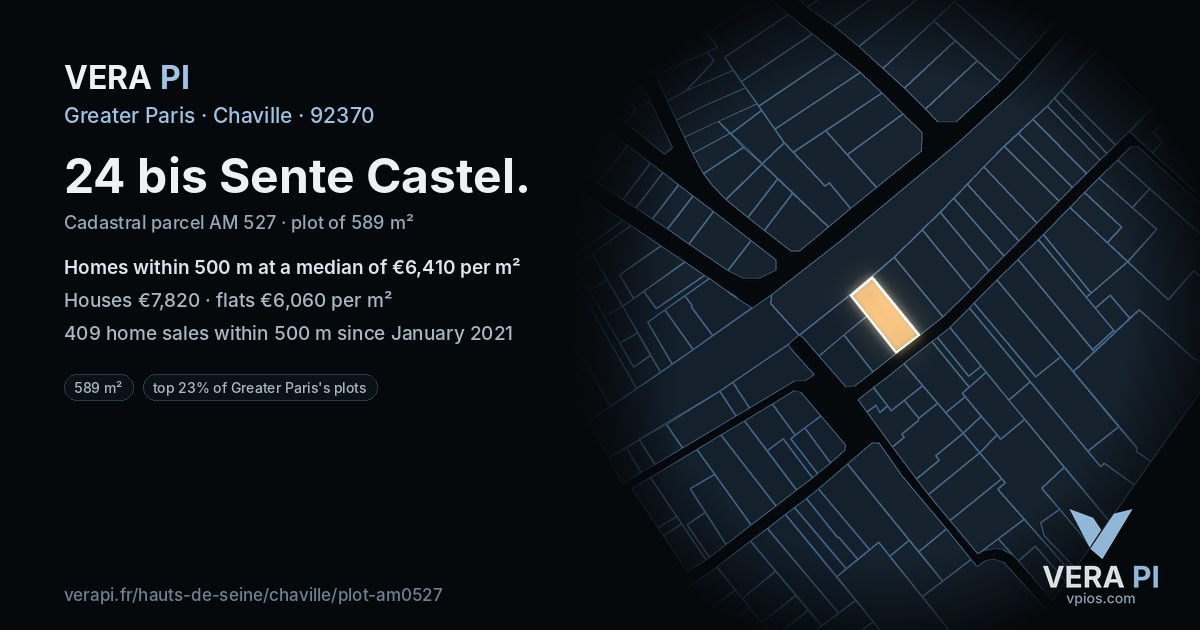 24 bis Sente Castel, Chaville at night – the plot lit, the parcels around coloured by the prices near them