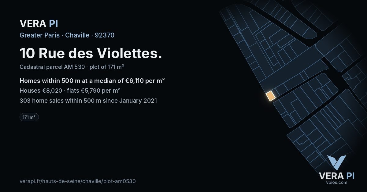 10 Rue des Violettes, Chaville at night – the plot lit, the parcels around coloured by the prices near them