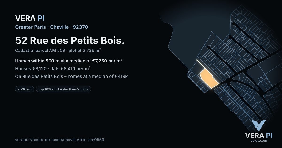 52 Rue des Petits Bois, Chaville at night – the plot lit, the parcels around coloured by the prices near them