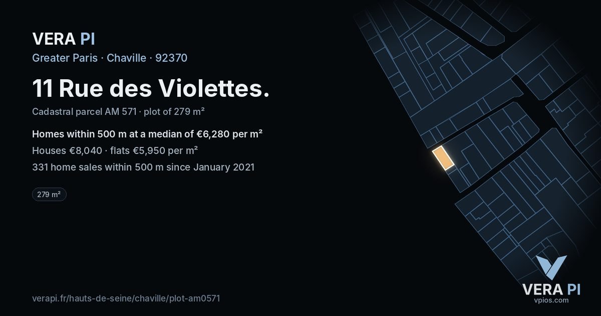 11 Rue des Violettes, Chaville at night – the plot lit, the parcels around coloured by the prices near them