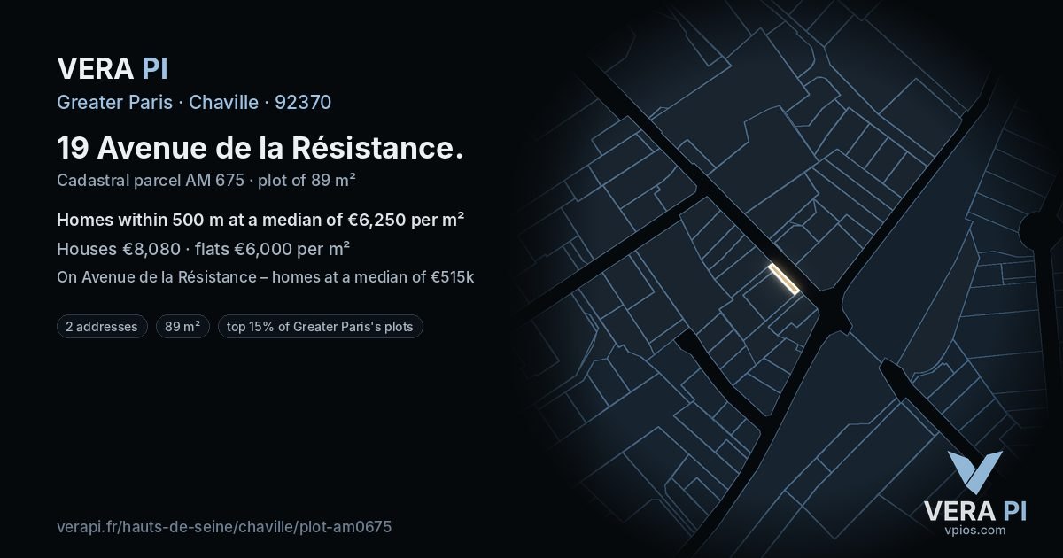 19 Avenue de la Résistance, Chaville at night – the plot lit, the parcels around coloured by the prices near them