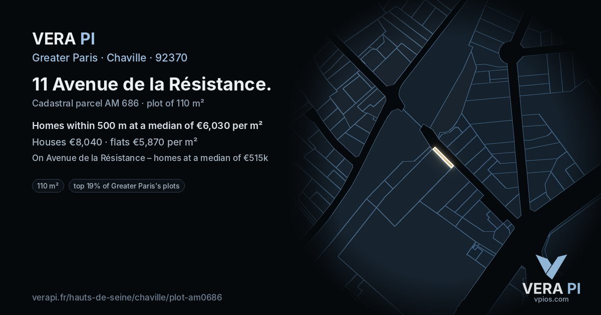 11 Avenue de la Résistance, Chaville at night – the plot lit, the parcels around coloured by the prices near them