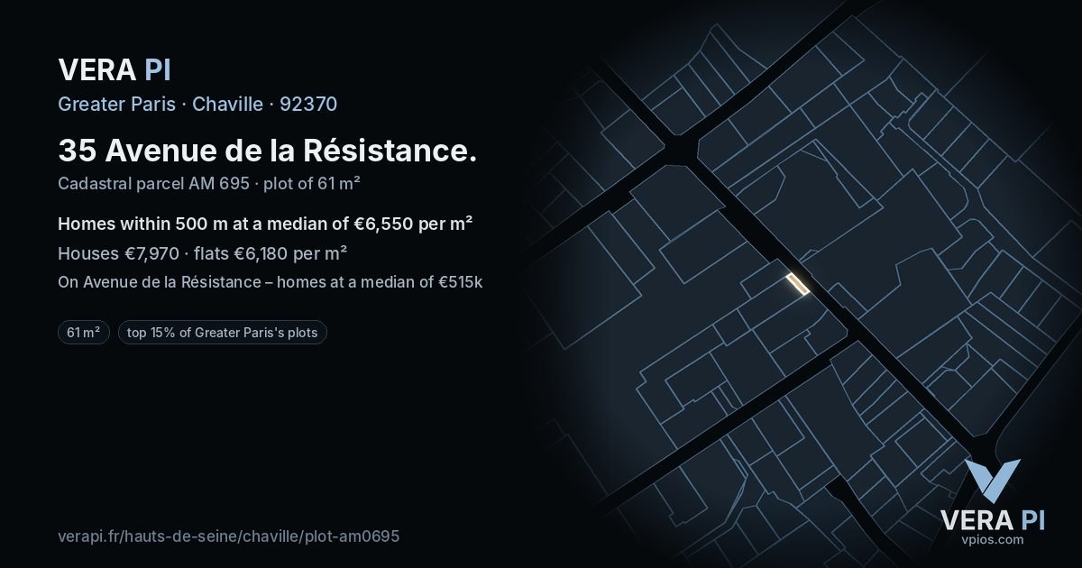 35 Avenue de la Résistance, Chaville at night – the plot lit, the parcels around coloured by the prices near them