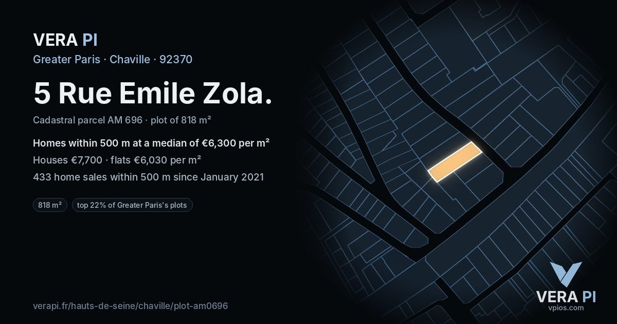 5 Rue Emile Zola, Chaville at night – the plot lit, the parcels around coloured by the prices near them